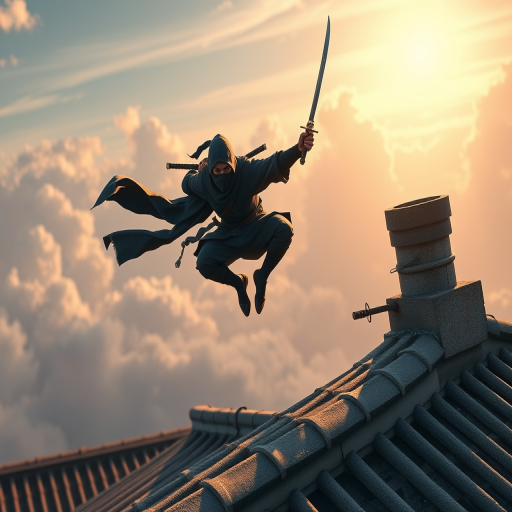 Create an illustration of a ninja jumping over a rooftop with a sword drawn, captured using a Canon EOS R5 with a 24-70mm f/2.8 lens at f/4, ISO 100, 1/500s, in a dynamic angle to emphasize motion and action, with a bright sky and soft clouds in the background.