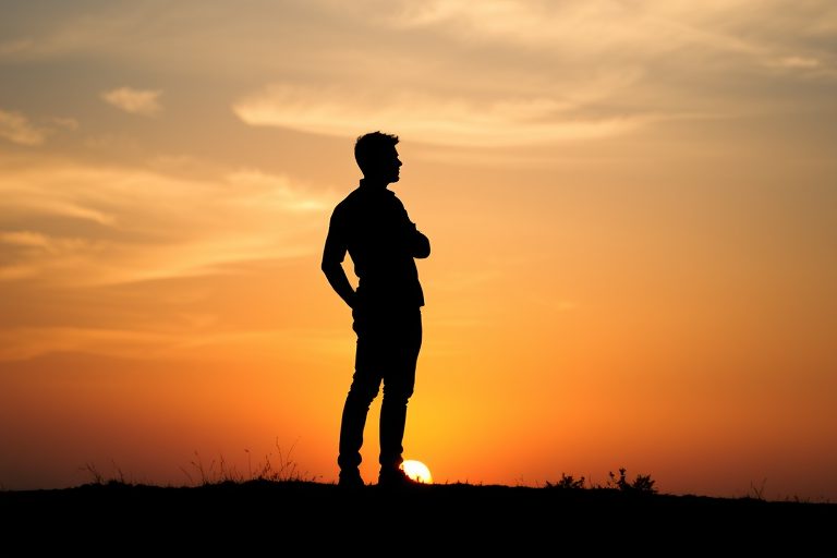 Generate a high-quality image of a silhouette of a person standing in a contemplative pose against a sunset background, captured with a DSLR camera at f/5.6 aperture, 1/200 shutter speed, ISO 200, with a 50mm lens in portrait orientation.