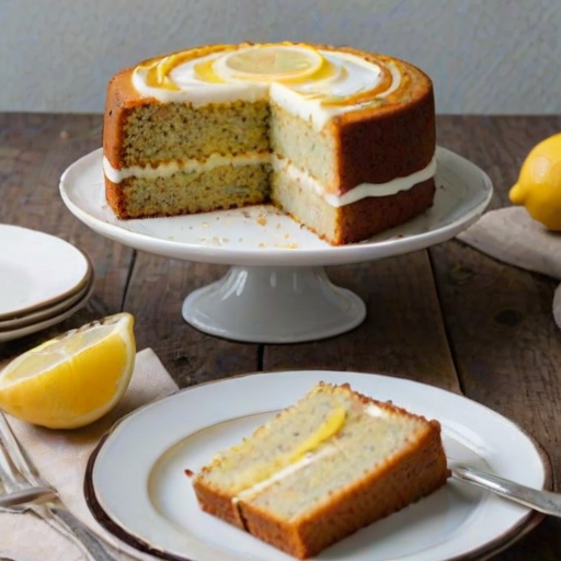 Create an image of a slice of lemon poppy seed cake on a small plate. The cake should have layers filled with lemon curd and a smooth frosting on top. Include a fork resting on the plate and a soft, neutral background to enhance the dessert's colors.