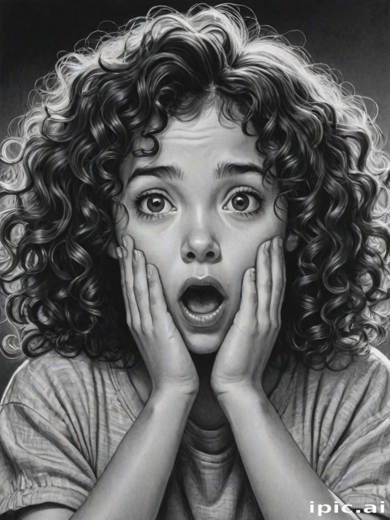 The image is a black and white illustration of a young girl with curly hair. She has a surprised expression on her face with her mouth open and her hands clasped together in front of her chest. Her eyes are wide and her eyebrows are furrowed. Her hair is styled in loose curls that are cascading down her back. The overall mood of the image is one of shock or surprise.