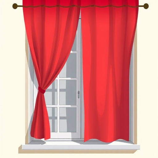 Create a high-resolution digital illustration of a window with two red curtains, using a 50mm lens at f/8 aperture, ISO 100, shot at eye level with natural lighting to enhance colors and details.