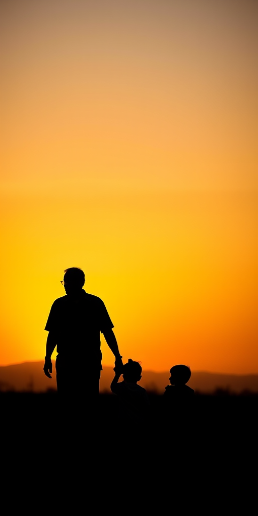 silhouette of a grandfather, father, and child walking hand in hand at sunset with an orange and yellow gradient sky, shot with a Canon EOS R5, 50mm lens, f/2.8 aperture, ISO 100, with a wide-angle view to capture the horizon and shadows, in a minimalist style