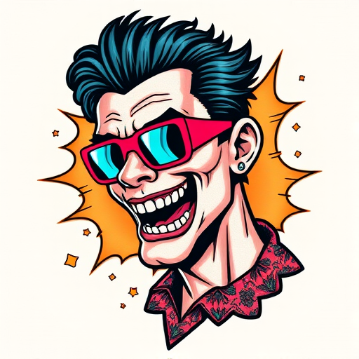 New school tattoo titled "Pop Culture Fusion" combining bold outlines exaggerated proportions and bright cartoon-inspired colors to create larger-than-life character designs