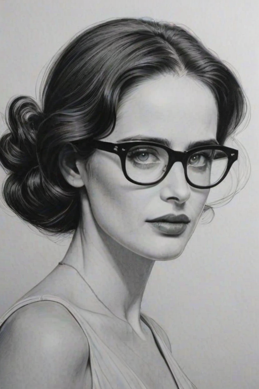 Gorgeous Eva Green, pencil sketch, portrait of Sublime woman 1950s in glasses, hair style beatnik, outline, clear lines, fine lines, 8k