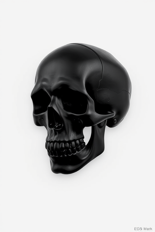 Create a high-resolution image of a stylized black skull on a plain white background, using a Canon EOS 5D Mark IV with a 50mm f/1.8 lens, aperture at f/2.8, ISO 100, and a focus on the skull to enhance detail and contrast.