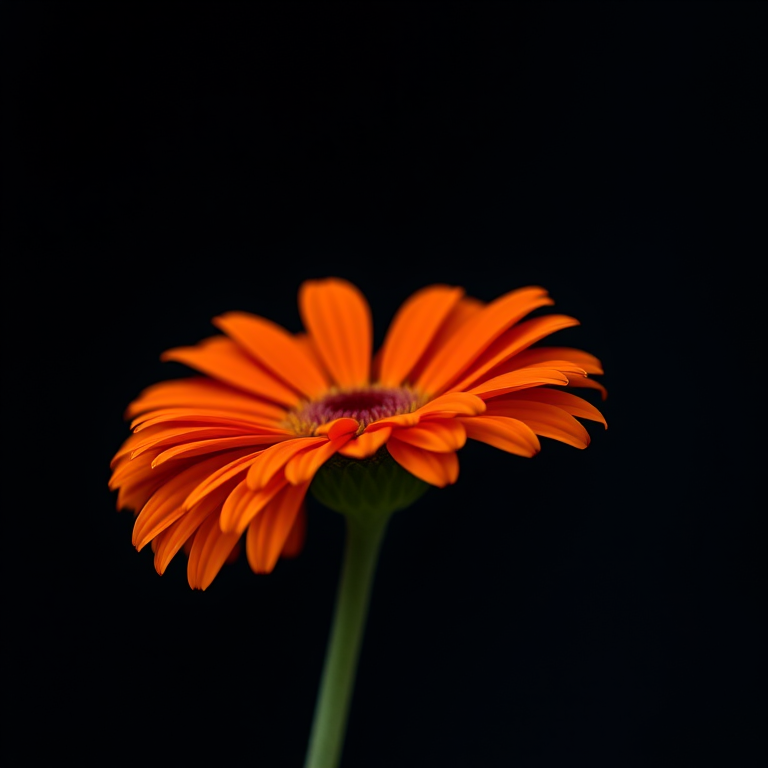 Close-up shot of a vibrant orange gerbera daisy against a blurred dark background, captured with a DSLR camera using a 50mm lens, aperture f/2.8, ISO 100, shutter speed 1/125s, soft natural lighting.