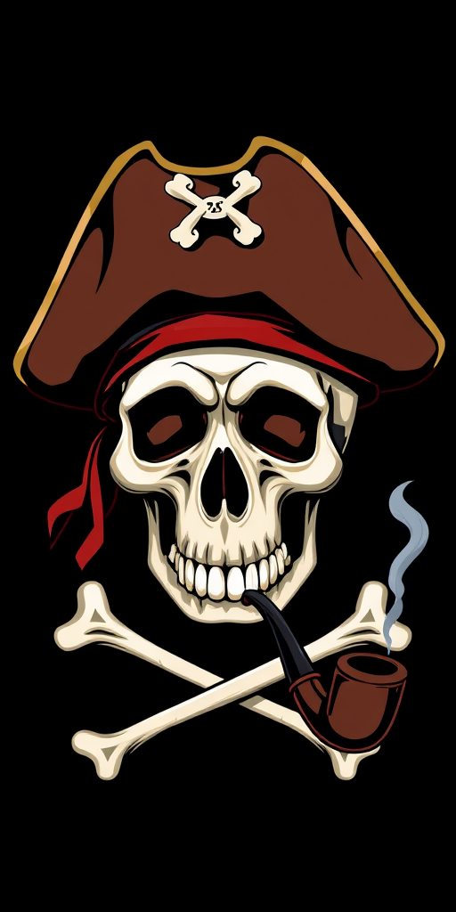 Create an illustration of a pirate skull wearing a brown tricorn hat with crossed bones beneath, holding a smoking pipe, in high resolution, DSLR camera settings, 50mm lens, f/2.8 aperture, natural light, vibrant colors, clean background.