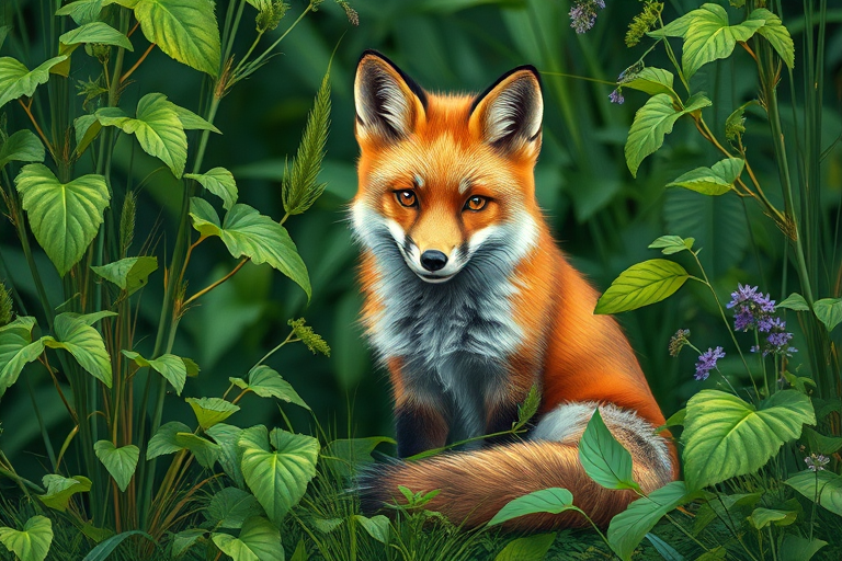 A realistic illustration of a fox sitting amidst lush green foliage, capturing intricate details of its fur and the surrounding plants, shot with a Canon EOS R5, 50mm lens, f/2.8, in natural light, aiming for vivid colors and sharp textures.