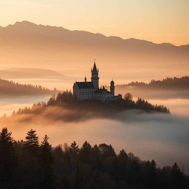 regenerate a misty landscape featuring a castle on a hill surrounded by dense trees and mountains in the background at sunrise, using a Canon EOS R5, f/8 aperture, ISO 100, 24mm focal length, shot from a high dynamic range viewpoint for enhanced color and detail