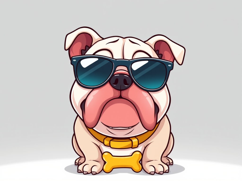 Create a high-resolution cartoon-style illustration of a bulldog wearing sunglasses and a yellow bone collar, using a Canon EOS R5 camera with a 50mm lens, aperture set at f/2.8, ISO 100, and shot in a studio lighting setup for enhanced clarity and color vibrancy.
