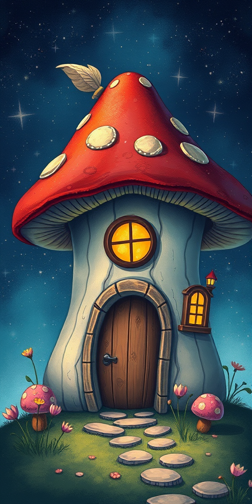 create illustration of a mushroom house with a door and a window, a storybook , fantasy art, mushroom house, bg starry sky, sparkles