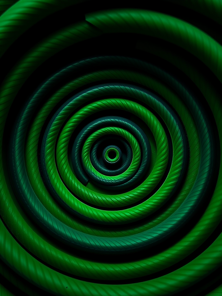 Create a high-resolution image of concentric spiral patterns in vibrant green and black, using a Canon EOS R5 with a 24-70mm f/2.8 lens, aperture set to f/8, ISO 100, shooting from a top-down perspective for symmetrical clarity and depth.