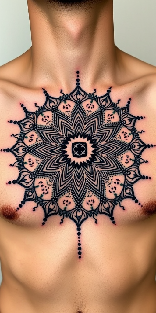 Dotwork mandala tattoo adorning the sternum and upper chest, creating a mesmerizing symmetrical design with thousands of precise black dots