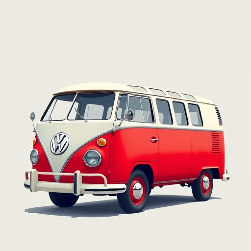 Create a high-resolution digital illustration of a classic red and white Volkswagen van in profile view, using a DSLR camera with a 50mm lens at f/2.8, ISO 100, and a shallow depth of field, ensuring vibrant colors and sharp details.