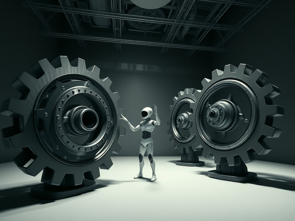 Create a surreal scene featuring a humanoid figure interacting with large rotating gears in a monochromatic space, using a Canon EOS R5 with a 24-70mm f/2.8 lens, aperture set to f/8, ISO 100, and a wide-angle view for depth, focusing on dramatic contrasts and reflections.
