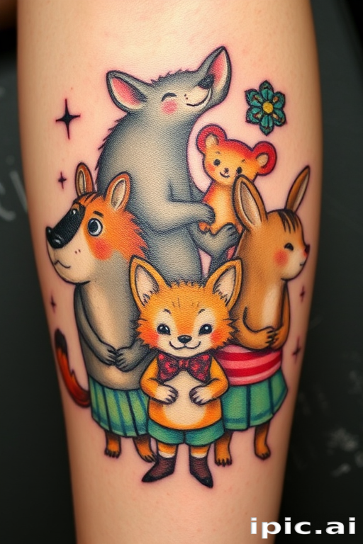 Illustrative tattoo titled "Storybook Menagerie" featuring whimsical animal characters with human-like expressions and clothing, inspired by vintage children's book illustrations, admired for its charming details and nostalgic appeal
