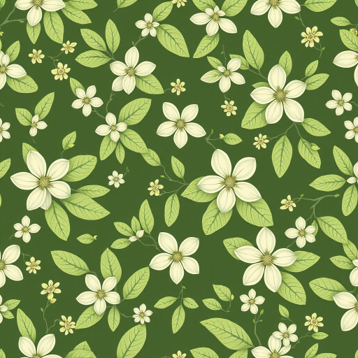 Create a seamless floral pattern featuring light green leaves and flowers on a dark green background, shot with a DSLR camera, 50mm lens, f/4 aperture, ISO 100, in natural lighting to enhance detail and texture.