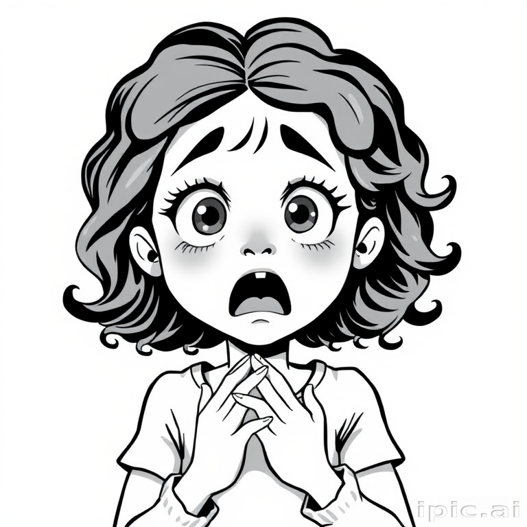 The image is a black and white illustration of a young girl with curly hair. She has a surprised expression on her face with her mouth open and her hands clasped together in front of her chest. Her eyes are wide and her eyebrows are furrowed. Her hair is styled in loose curls that are cascading down her back. The overall mood of the image is one of shock or surprise.