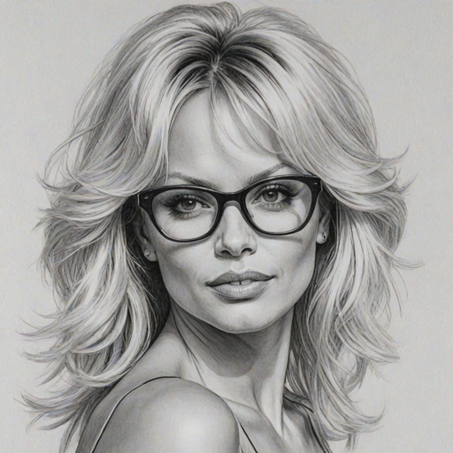 Sublime Pamela Anderson, pencil sketch, portrait of Ravishing woman 1979s in glasses, hair style beatnik, outline, clear lines, fine lines, 8k