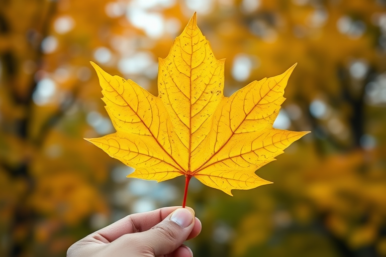 Capture a close-up of a vibrant yellow maple leaf held against a blurred background of autumn foliage, using a DSLR camera with a 50mm lens, aperture set at f/2.8 for shallow depth of field, ISO 200 for optimal clarity, shot in natural light to enhance the color saturation.