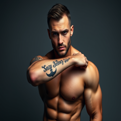Photograph a muscular male model with a tattoo on his upper arm, using a soft light setup for dramatic shadows, ISO 100, f/2.8 aperture, 85mm lens, at a slightly low angle to emphasize physique, in a studio environment with a gray gradient background.