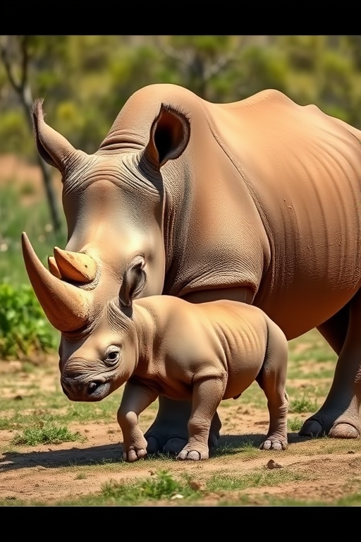 Create an image of a mother rhinoceros and her baby walking side by side in a natural habitat, using a DSLR camera with a 50mm lens, aperture set to f/2.8, ISO 200, captured from a low angle to emphasize their size and details, in bright daylight for vibrant colors.