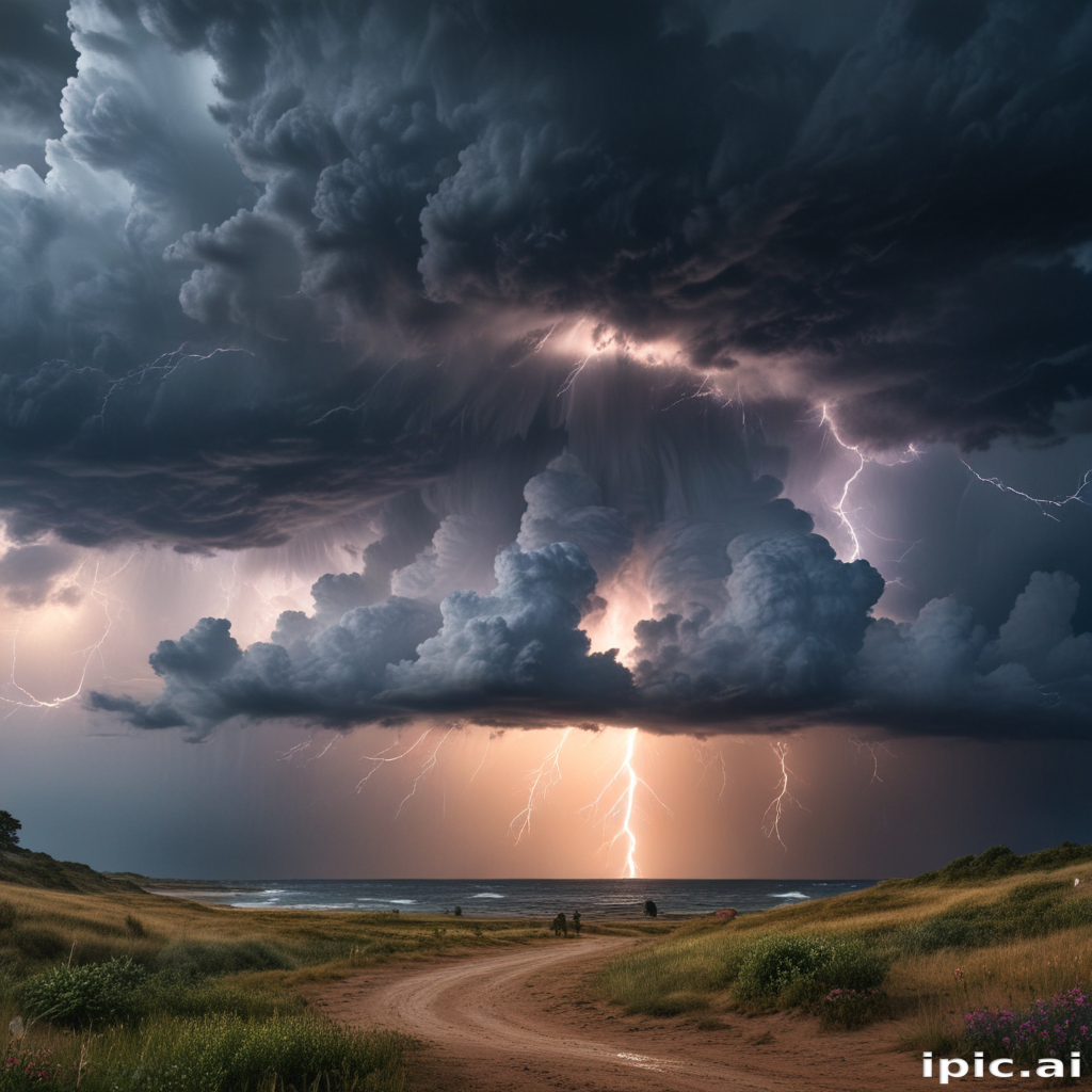 Majestic Lightning Storm Illuminating the Dark Clouds Over Serene Beach ...
