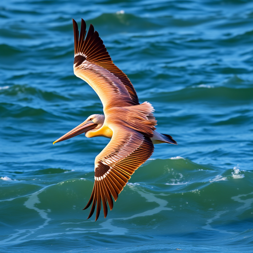 A brown pelican in flight over the ocean waves, capturing sharp details and vibrant colors, using a Canon EOS 90D, 300mm f/4 lens, ISO 400, f/8 aperture, 1/2000s shutter speed, taken from a low angle to emphasize the bird against the water background.
