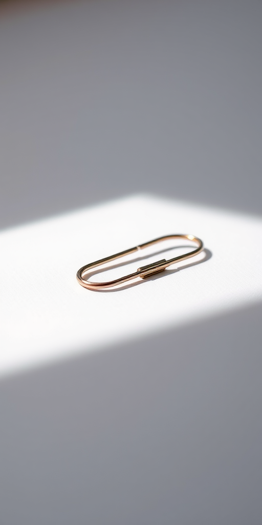 Create a high-resolution image of a paperclip on a white background using a DSLR camera, 50mm lens, aperture f/2.8, ISO 100, with soft natural lighting to enhance detail and clarity.