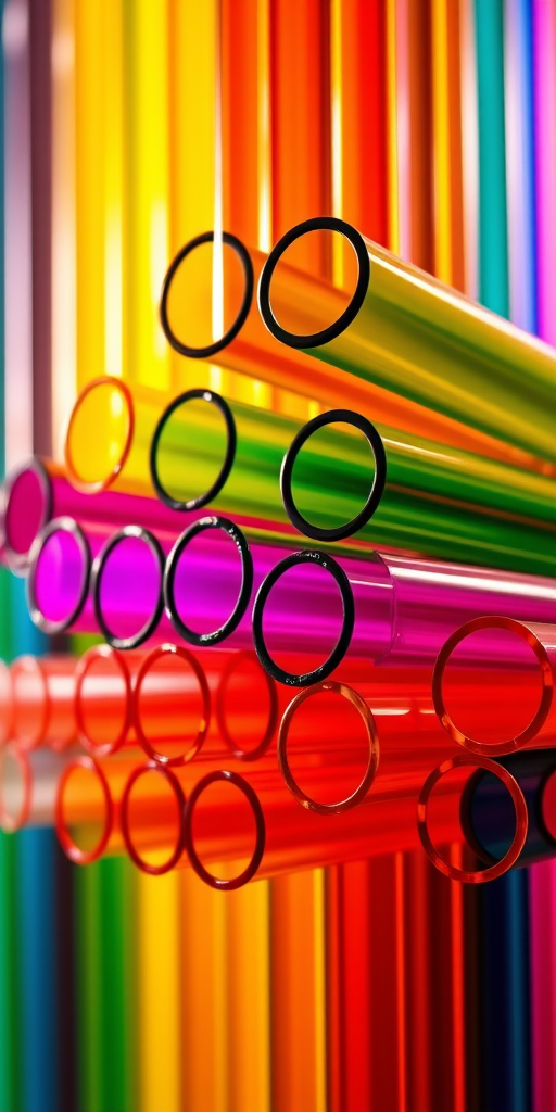 Generate an image of colorful glass tubes stacked in a dynamic arrangement with vibrant lighting, using a DSLR camera, 50mm lens, f/2.8 aperture, ISO 200, 1/100 sec shutter speed, in macro view to enhance detail and vividness.