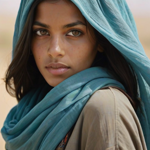 Create a portrait of a young Tuareg female with long, dark hair and captivating hazel eyes. She is wearing a cyan headscarf and a matching scarf draped gracefully around her neck. The background is softly blurred, focusing attention on her serene and natural expression. The overall color palette is muted and warm, enhancing the intimate and authentic feel of the portrait.