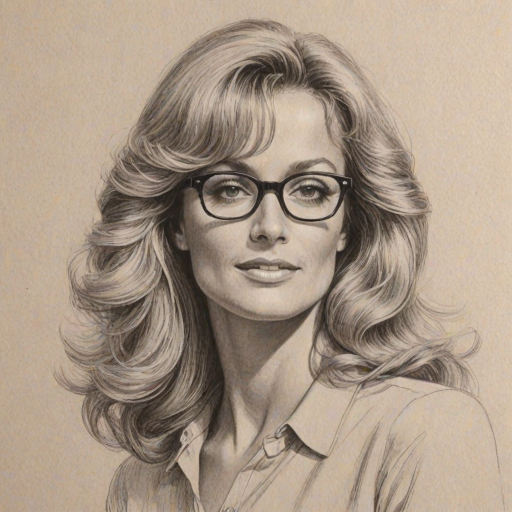 Radiant Farrah Fawcett, pencil sketch, portrait of Enchanting woman 1954s in glasses, hair style beatnik, outline, clear lines, fine lines, 8k