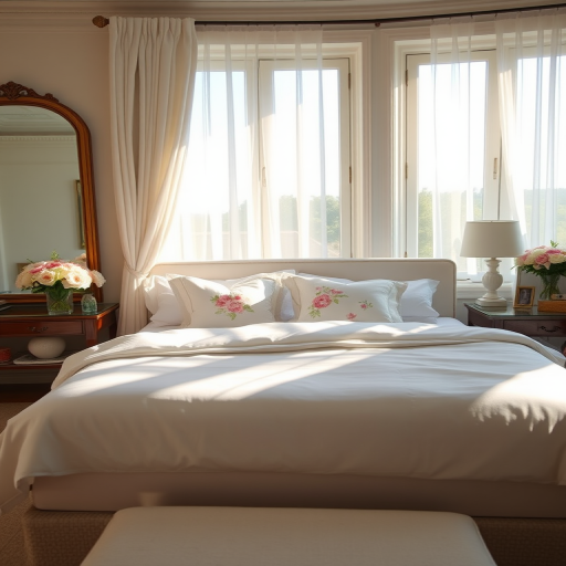 Interior of a cozy bedroom with a king-sized bed adorned with white linens and floral pillows, soft natural light streaming through large windows with sheer curtains, fresh flower arrangements on bedside tables, a large mirror reflecting the serene decor, captured with a DSLR camera, 50mm lens, f/1.8 aperture, ISO 200, shot in natural light to enhance warmth and detail.