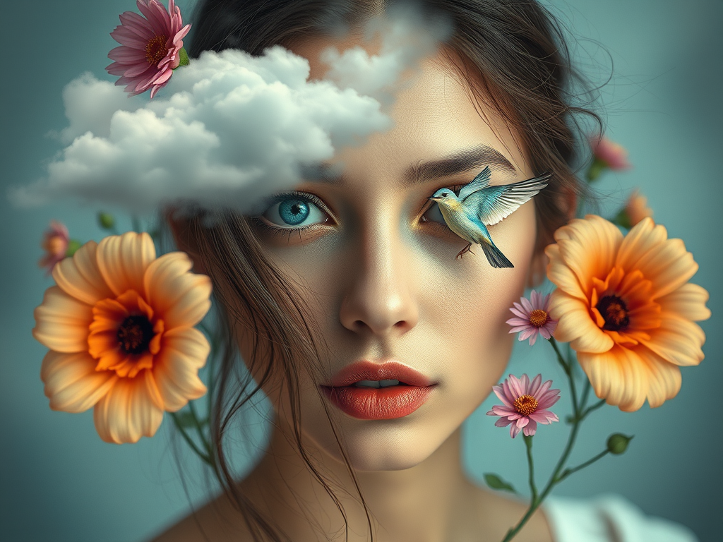 Create an ethereal portrait of a woman with surreal elements like clouds, flowers, and birds in her eyes, using a Canon EOS R5, aperture f/2.8, shutter speed 1/125s, ISO 100, wide-angle lens, soft focus style, and high dynamic range to enhance colors and details.