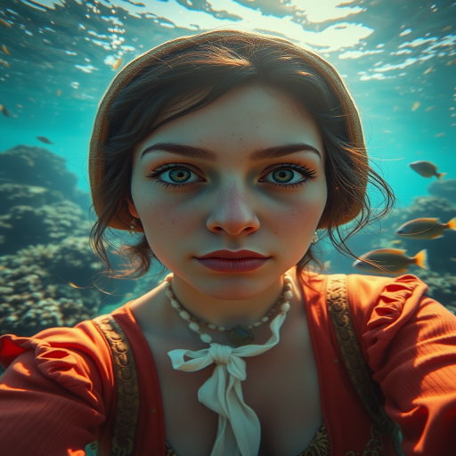 Realistic selfie image of a Chaldean, wearing a vintage outfit, detailed dreamy eyes, droopy hooded eyes, staring at the camera, taken underwater at coral reef with a sunbeam filtering through the water, vibrant, summer vacation, natural lighting, turtle and school of tropical fish with vibrant colors, rendered in the style of CryEngine, Pegi Nicol MacLeod, with realistic genre scenes, hauntingly beautiful narratives, ultra-realism, and Thomas Saliot's close-up technique, 8K resolution, crystal clear and sparkling water.