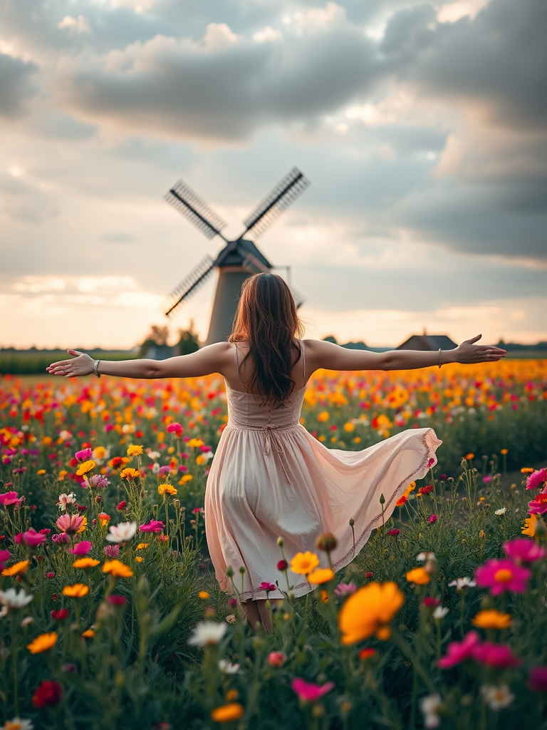 Capture a serene scene of a young woman with outstretched arms in a flowing dress amidst a vibrant wildflower field, with a classic windmill in the background under a dramatic sky, using a Canon EOS R5 with a 24-70mm f/2.8 lens, aperture set to f/8 for depth of field, ISO 100 for clarity, and a slight golden hour warm tone for enhanced atmosphere.