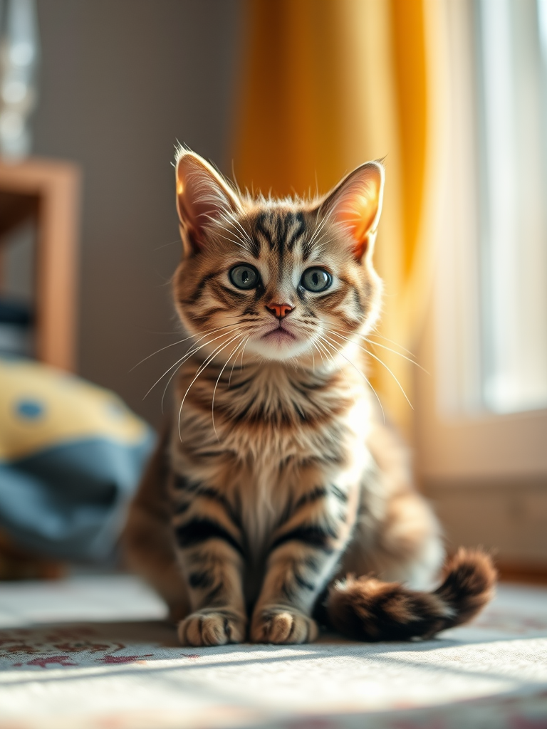 Regenerate the image of a cute cat sitting serenely in a cozy indoor setting, using a DSLR camera with a 50mm lens, aperture f/1.8 for a shallow depth of field, ISO 200 for optimal light sensitivity, and a natural light setup for soft illumination.