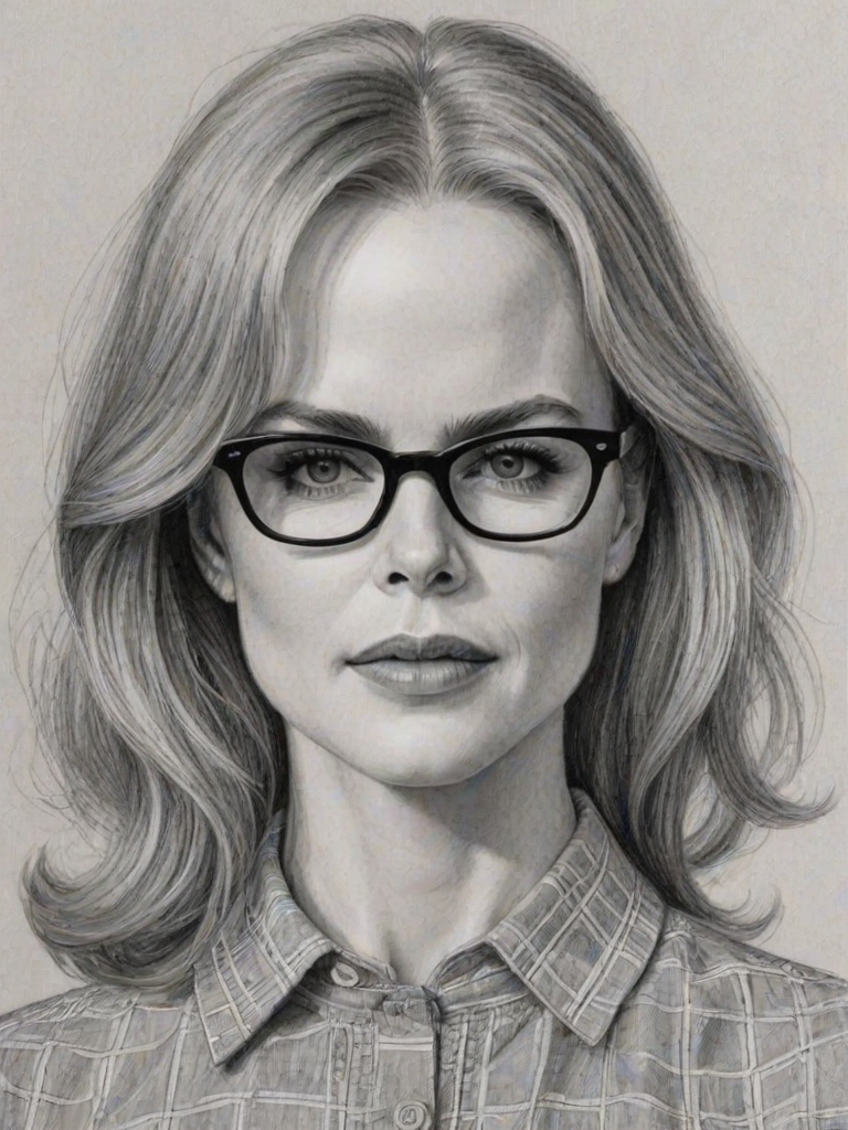 Splendid Nicole Kidman, pencil sketch, portrait of Fascinating woman 1965s in glasses, hair style beatnik, outline, clear lines, fine lines, 8k