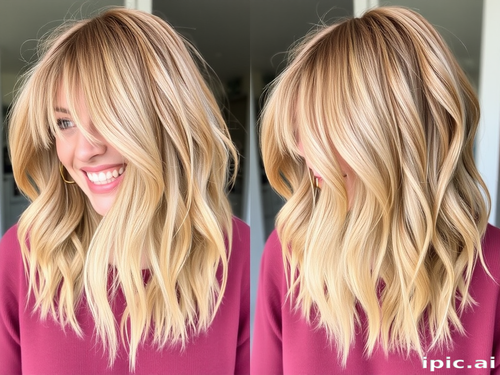 Warm honey blonde hair cut into a shaggy, layered lob with curtain bangs embodies the effortlessly cool "Sun-Kissed Surfer" style, featuring natural-looking balayage highlights in shades of pale gold and wheat that create movement and texture, evoking a carefree and beachy vibe