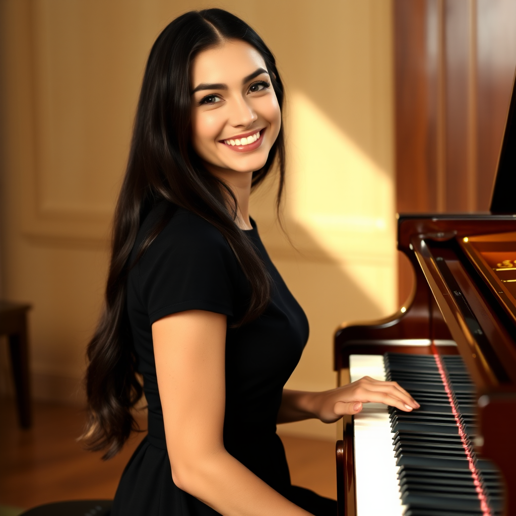 A young woman with long, dark hair smiles at the viewer as she sits at a grand piano, her right hand poised over the keys. The scene is lit by warm, natural light, highlighting the elegant simplicity of the woman's black dress. The perspective is from the side, emphasizing the contrast between the woman's delicate form and the grand scale of the piano. The ivory keys and dark wood of the piano create a striking visual contrast, further emphasized by the rich black of her dress.