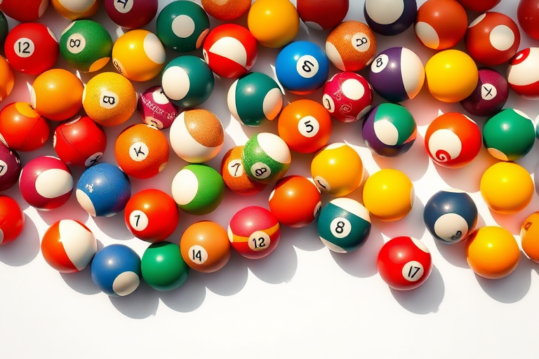 regenerate an image of a collection of colorful pool balls scattered on a white background, use a Canon EOS R5 camera with a 50mm lens, aperture set to f/1.8, ISO 100, shot from a top-down view with natural lighting to enhance colors and shadows.