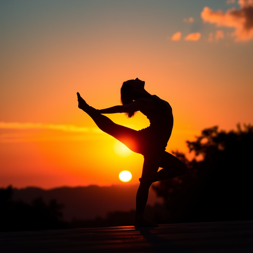 A silhouette of a person performing a yoga pose, shot with a Canon EOS R5 at f/1.8, 1/200s, ISO 100, with a wide-angle lens, capturing a low-angle view against a vibrant sunset background for enhanced contrast and clarity.