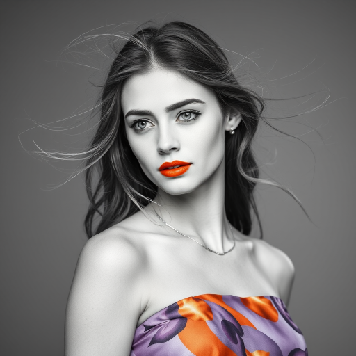 Photographic image of a beautiful young Druze woman, white eyes, lips with orange lipstick, long hair fluttering in the wind and wearing a silk strapless dress with a soft purple and orange print. monochrome image with only color highlights in the iris of the eyes, lipstick and dress. Gray background.