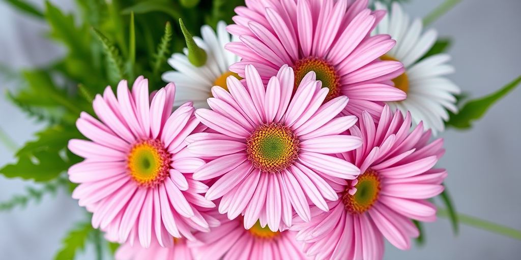 Create a high-resolution image of a bouquet of pink and white daisies with vibrant green leaves on a transparent background, using a DSLR camera with a 50mm lens, aperture set to f/2.8, ISO 100, and natural soft lighting to enhance the colors and details.