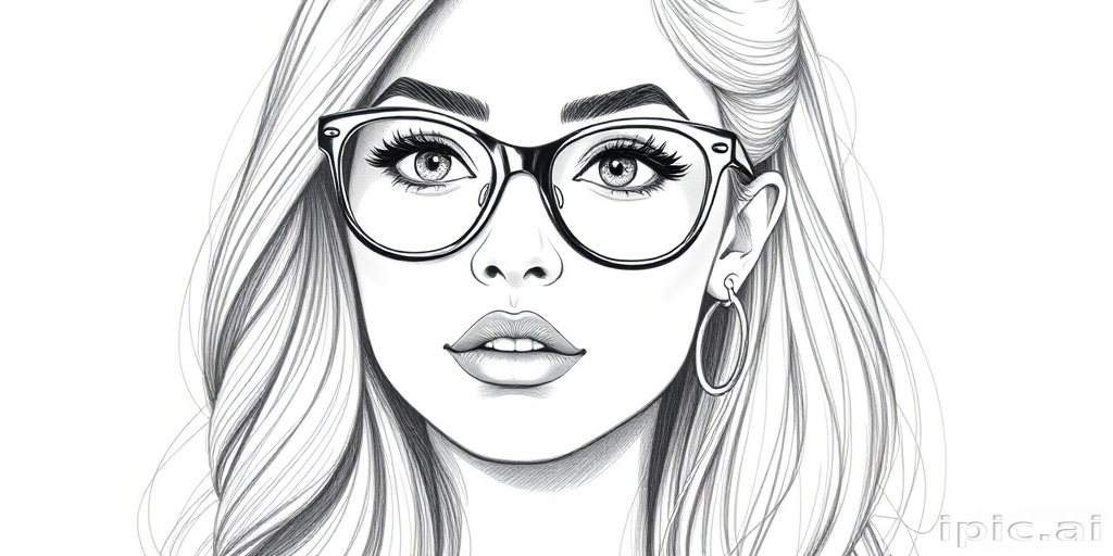 hot mia khalifa, pencil sketch, portrait of beautiful woman 60s in glasses, hair style beatnik, outline, clear lines, fine lines, 8k