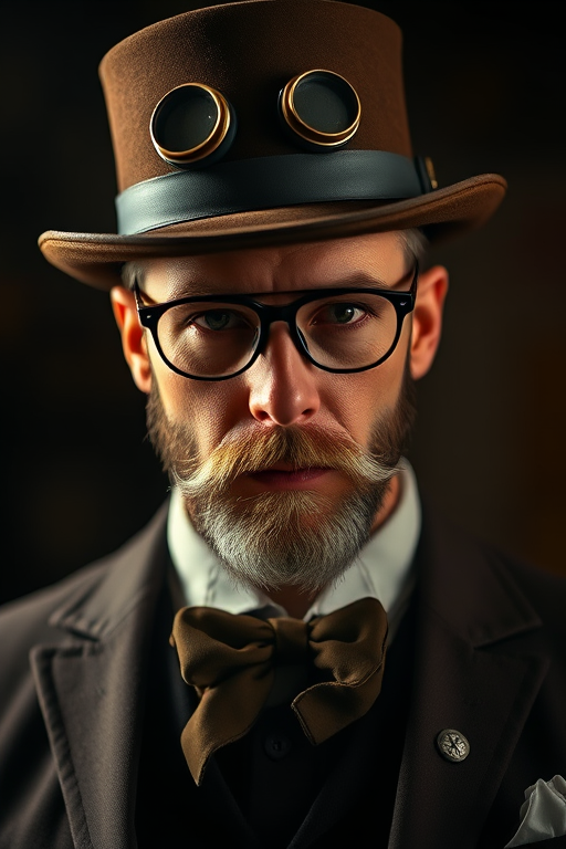 steampunk gentleman portrait, dramatic lighting, detailed textures, 50mm lens, f/1.8 aperture, ISO 100, soft focus background, full body shot, high resolution, warm color tones, studio setup