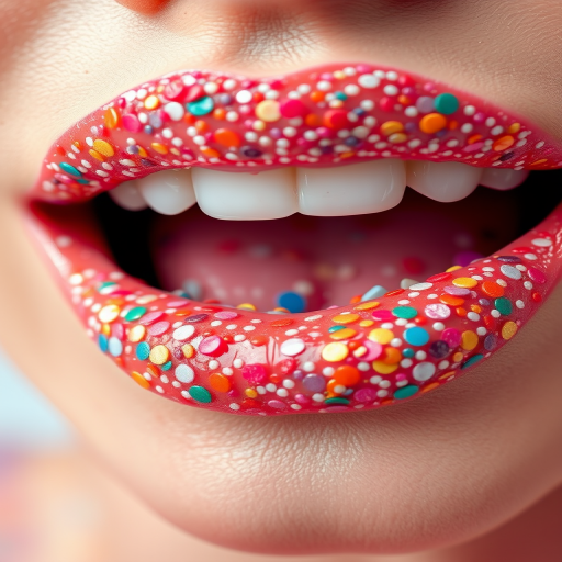 Playful confetti lips adorned with tiny multicolored specks on a clear gloss base, creating a festive and joyful appearance