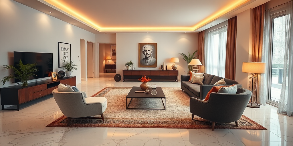 interior living room with modern furniture, warm lighting, marble floor, stylish decor, high-quality wide-angle shot, f/2.8 aperture, ISO 100, 1/60s shutter speed, DSLR camera, natural light, 24mm lens