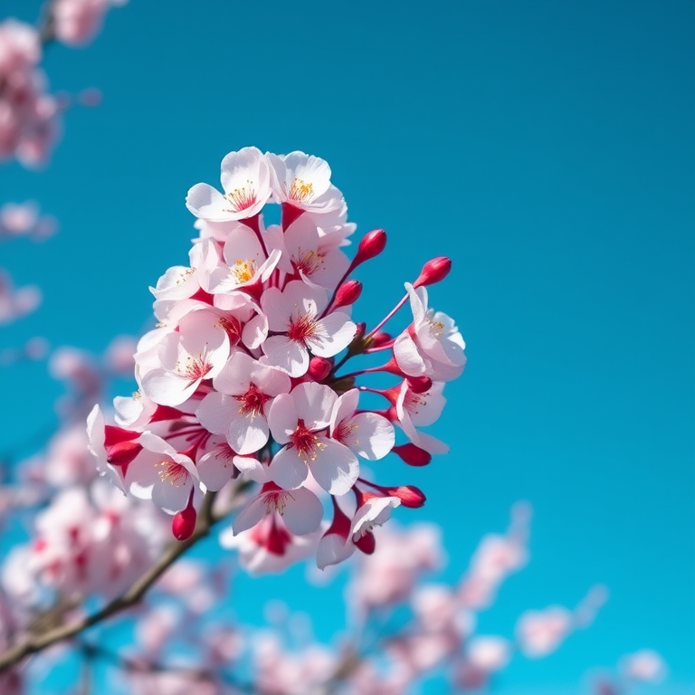 Capture a high-resolution image of blooming cherry blossoms against a clear blue sky using a DSLR camera with a 50mm lens, aperture set to f/2.8, shutter speed at 1/250s, ISO 100, with a shallow depth of field to emphasize the flowers and a slightly blurred background.