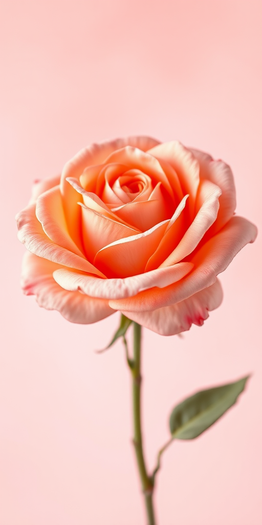 regenerate an image of a single large rose with soft pink and orange petals against a pastel background, enhance the colors and details, use a DSLR camera with a 50mm lens, aperture f/1.8 for a shallow depth of field, capture in natural light, apply a painterly style for a vibrant and soft texture